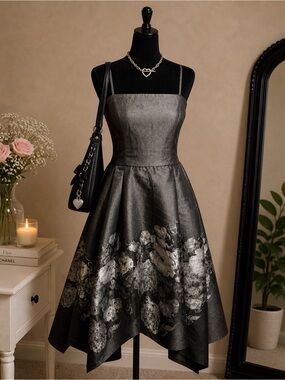 Betsy & Adam floral ballgown black silver satin midi dress size M formal
